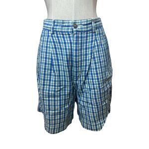 Vintage White Stag Shorts Women's 27" Blue Green Plaid Pleated Cotton Preppy 90s